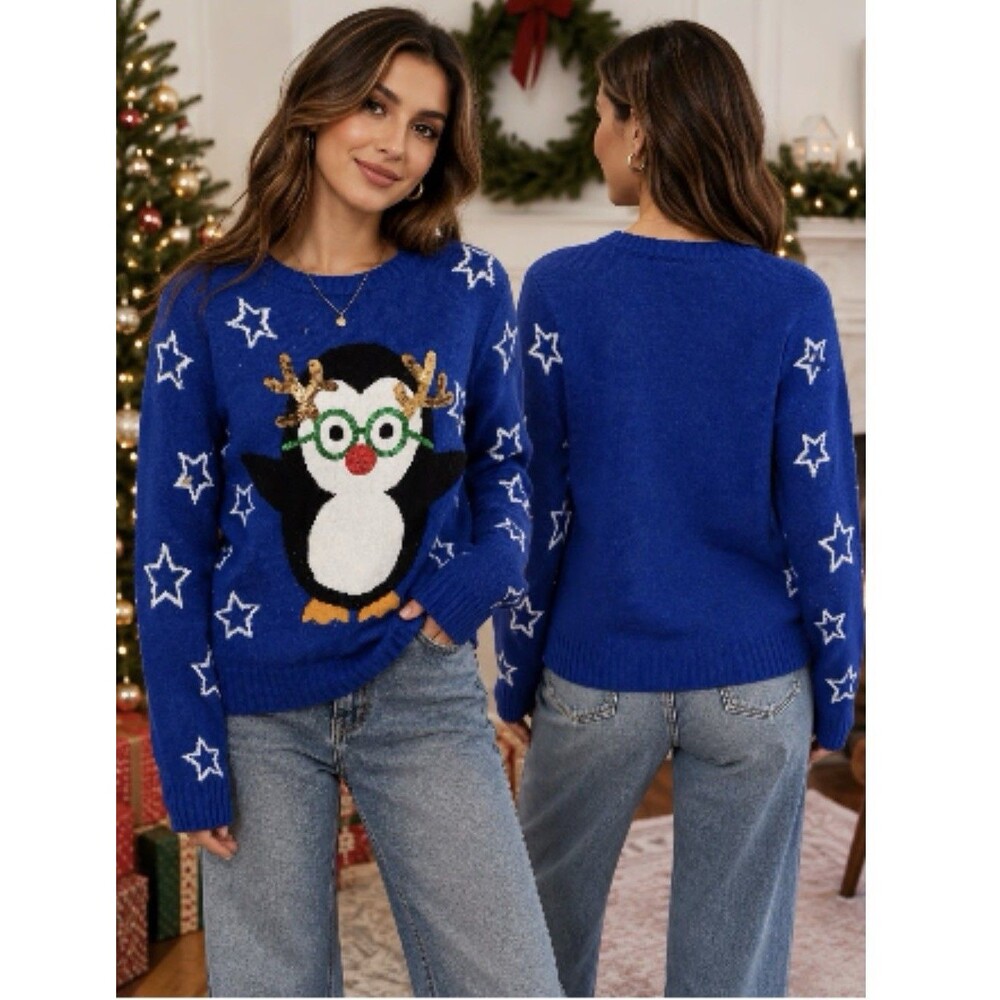 Derek Heart Sequin Penguin Winter Ugly Christmas Sweater Size Medium Blue